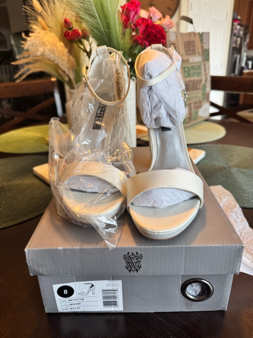 White by Vera Wang Ivory Satin Ankle-Strap Platform Heels